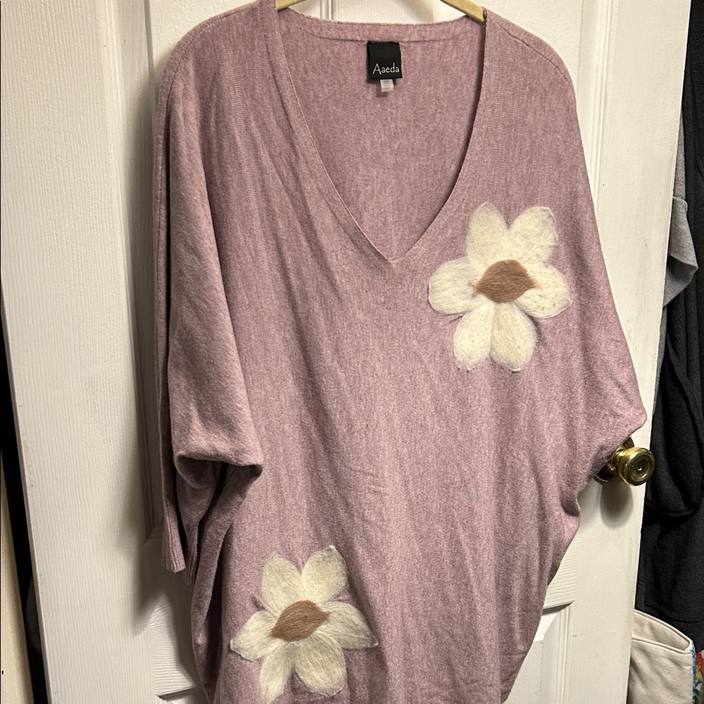 Aveda Lavender V-Neck Top with Cream Floral Accents